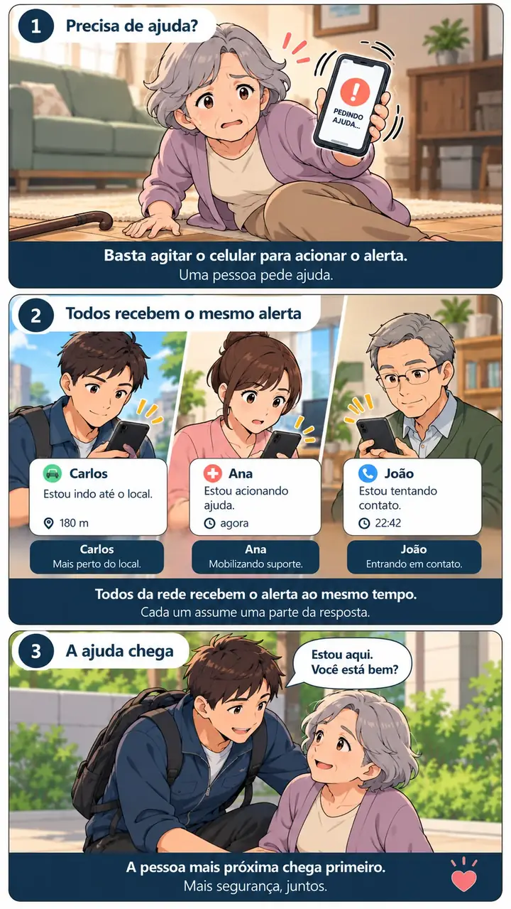 Ilustração do SOS Farol: uma pessoa pede ajuda e a rede de familiares e amigos recebe o aviso e combina quem vai até o local.