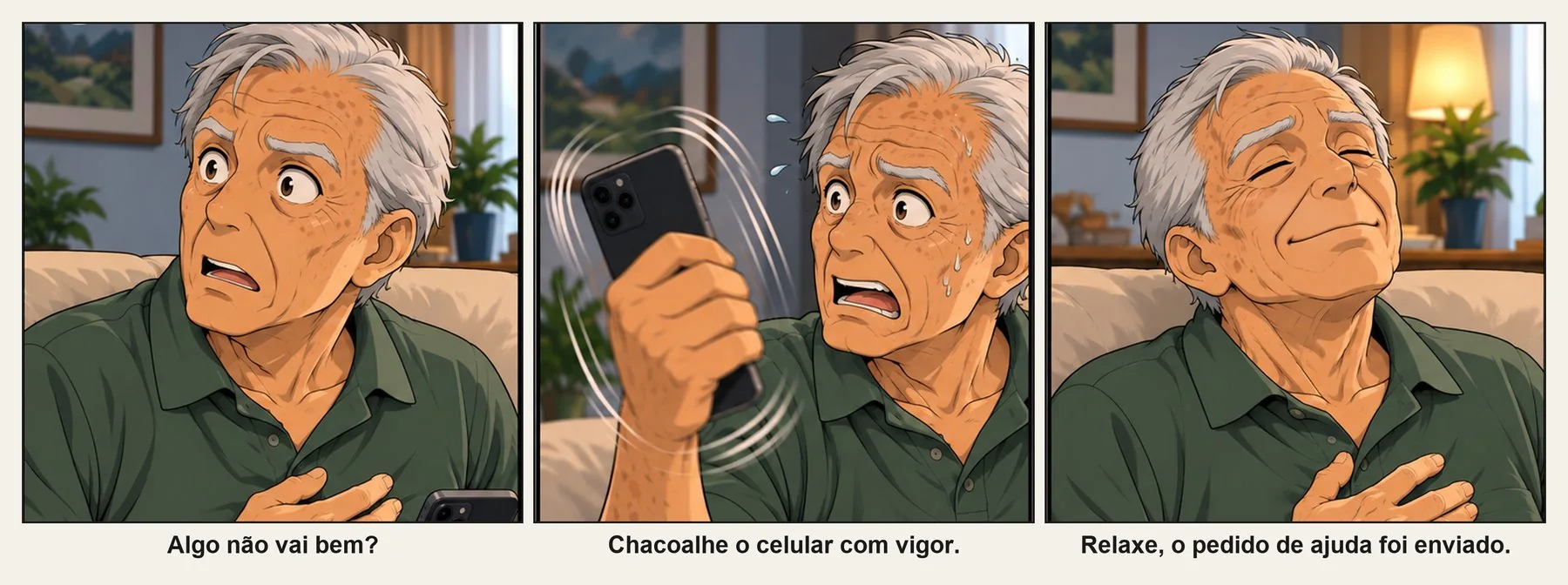 Tirinha: pessoa vulnerável pedindo ajuda dentro de casa