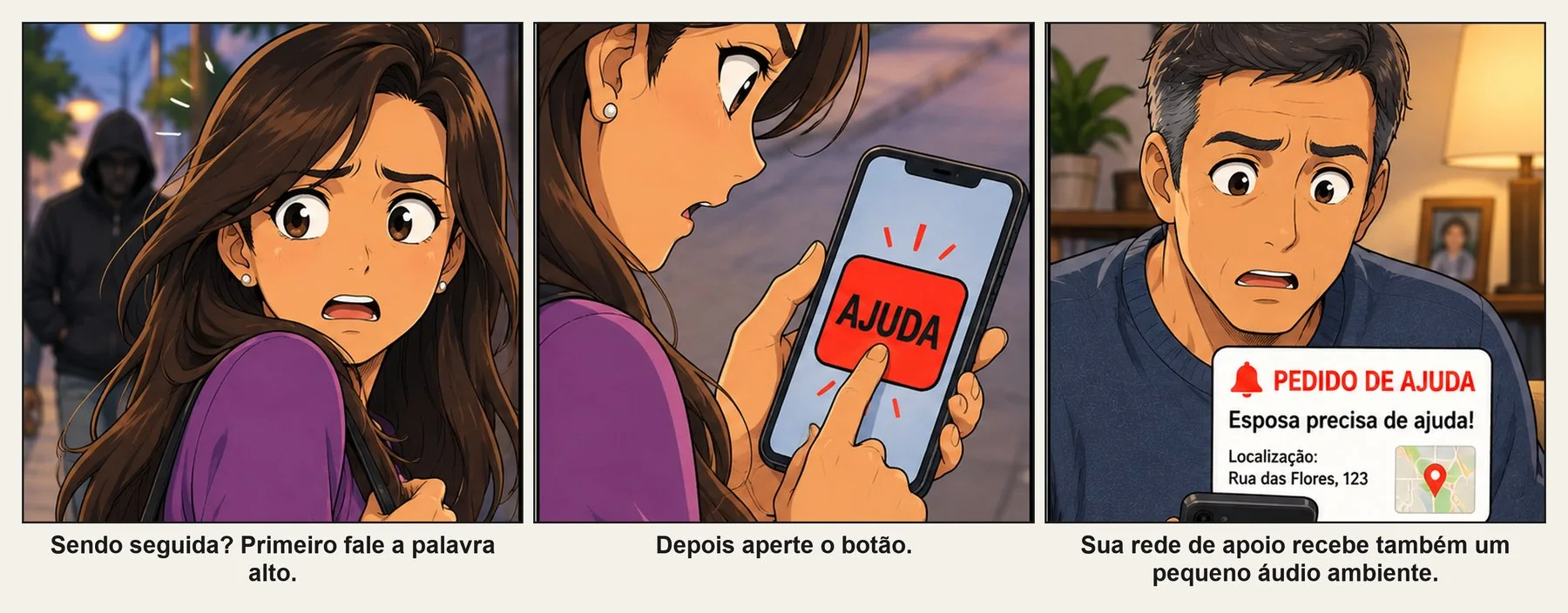 Tirinha: mulher sendo seguida na rua e acionando sua rede